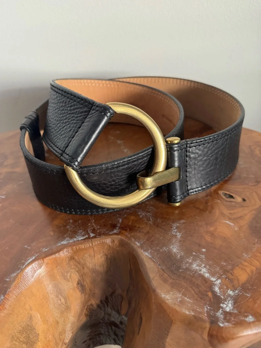 WCM New York Leather Black & Gold Tone Metal Boho Large Hook & Buckle Belt LARGE